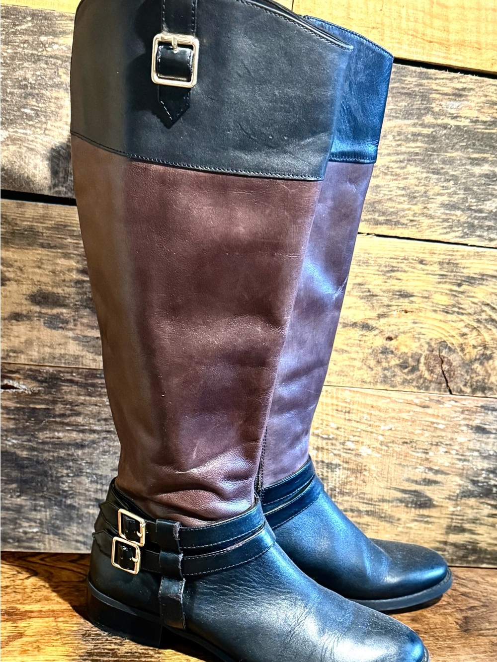 INC International Concepts Two-Tone Leather Riding Boots in Blk. & Brn. Leather
